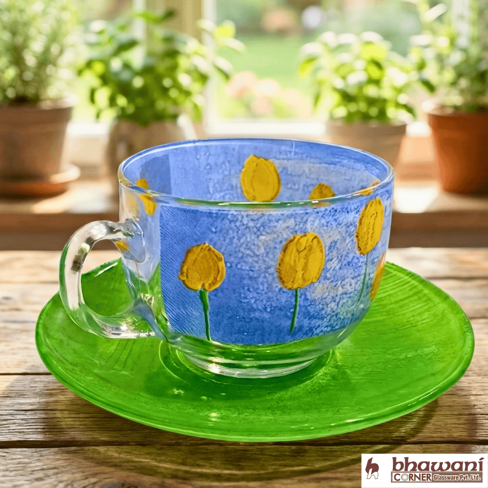 Arcopal Bio Tulip Cup & Saucer Set | French Glass Tea Cups – 6pcs
