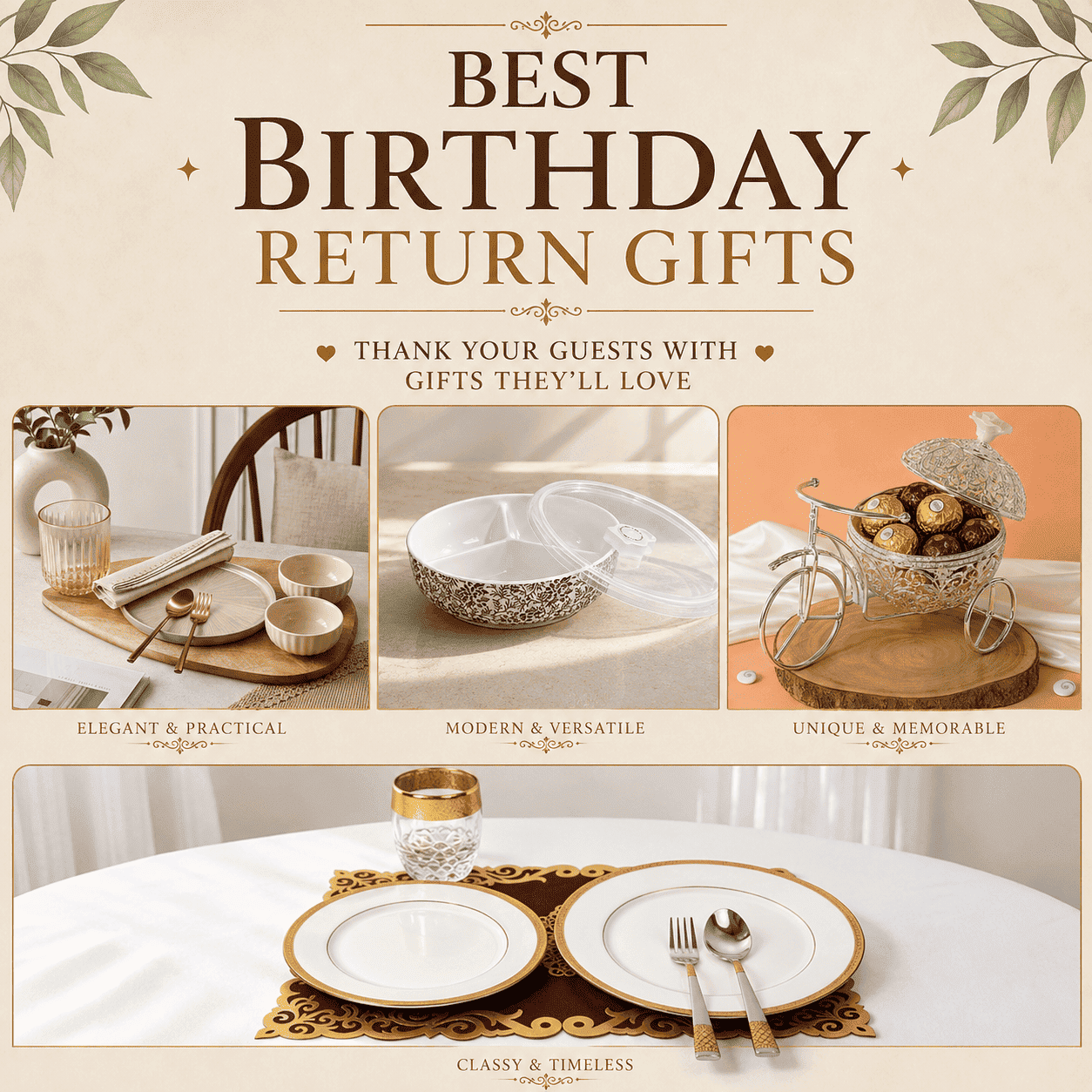Best birthday return gifts poster featuring elegant kitchenware, practical serving sets, decorative gift items, and classy tableware for memorable birthday celebrations.