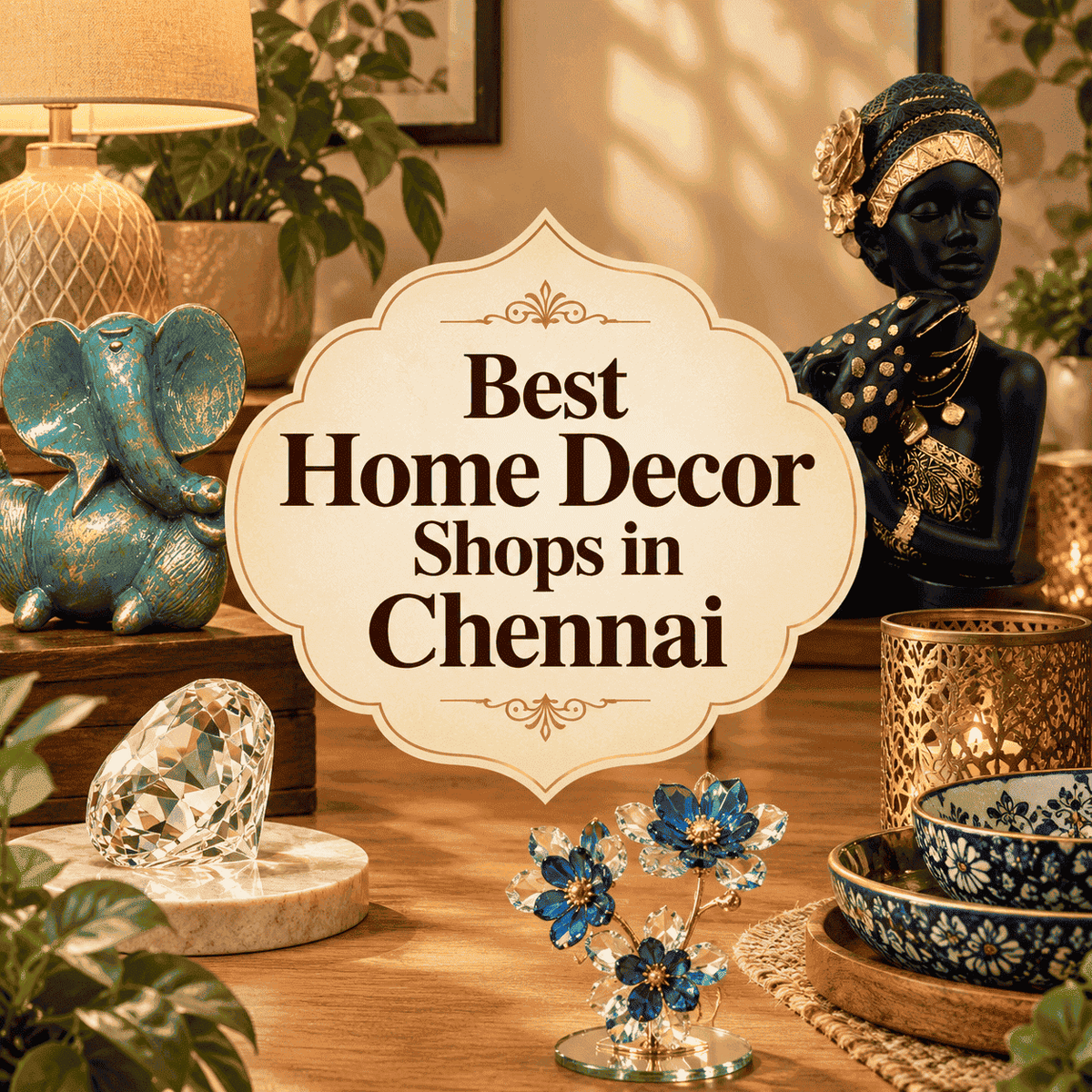 Best Home Decor Shops in Chennai featuring stylish home decor items, decorative figurines, crystal accents, ceramic bowls, plants and elegant interior accessories.