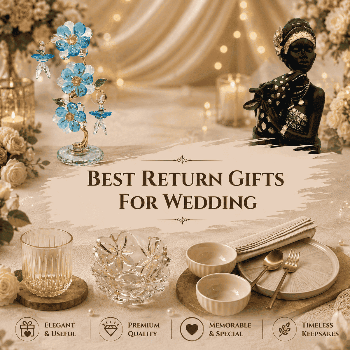 Best return gifts for wedding featuring elegant glassware, crystal decorative pieces, tableware, and traditional decor in a luxurious wedding setting.