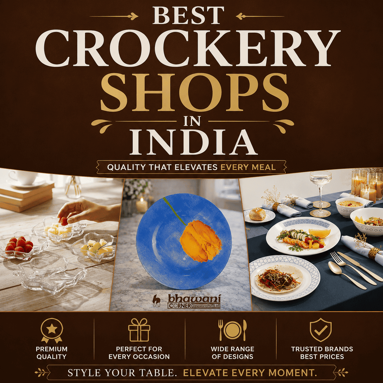 Best Crockery Shops in India poster featuring premium dinner sets, glass bowls, designer plates, and elegant tableware collection from Bhawani Corner Glassware Pvt Ltd.