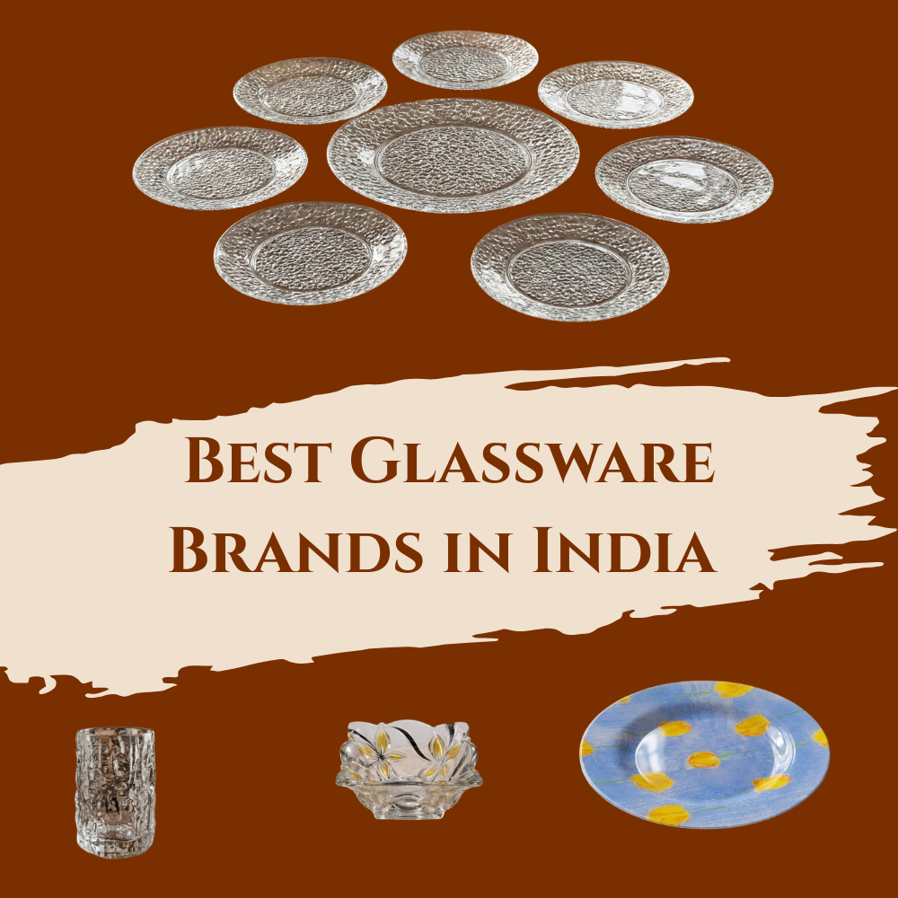 'Best Glassware Brands in India' featuring a collection of textured clear glass plates, a decorative glass bowl, a textured tumbler, and a blue floral patterned ceramic plate against a brown and cream background.
