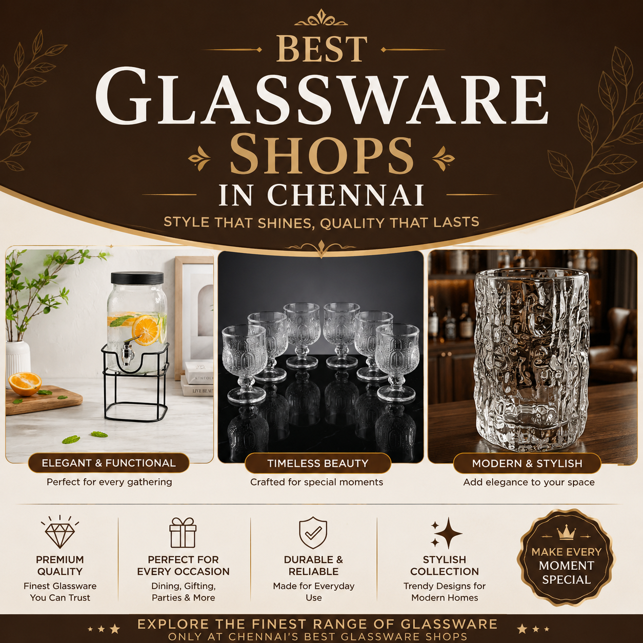 Best Glassware Shops in Chennai featuring premium glass beverage dispenser, embossed glass goblets, textured glass tumblers, and elegant drinkware for homes, dining, gifting, and special occasions.