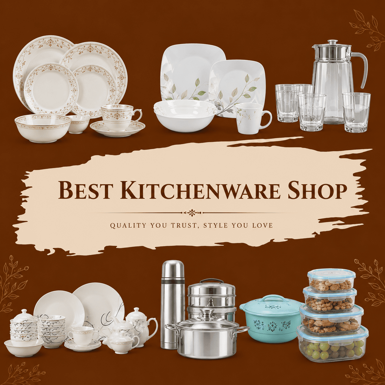 Elegant Best Kitchenware Shop poster featuring premium dinner sets, ceramic crockery, glassware, stainless steel cookware, thermos flasks, and food storage containers on a luxury brown background.