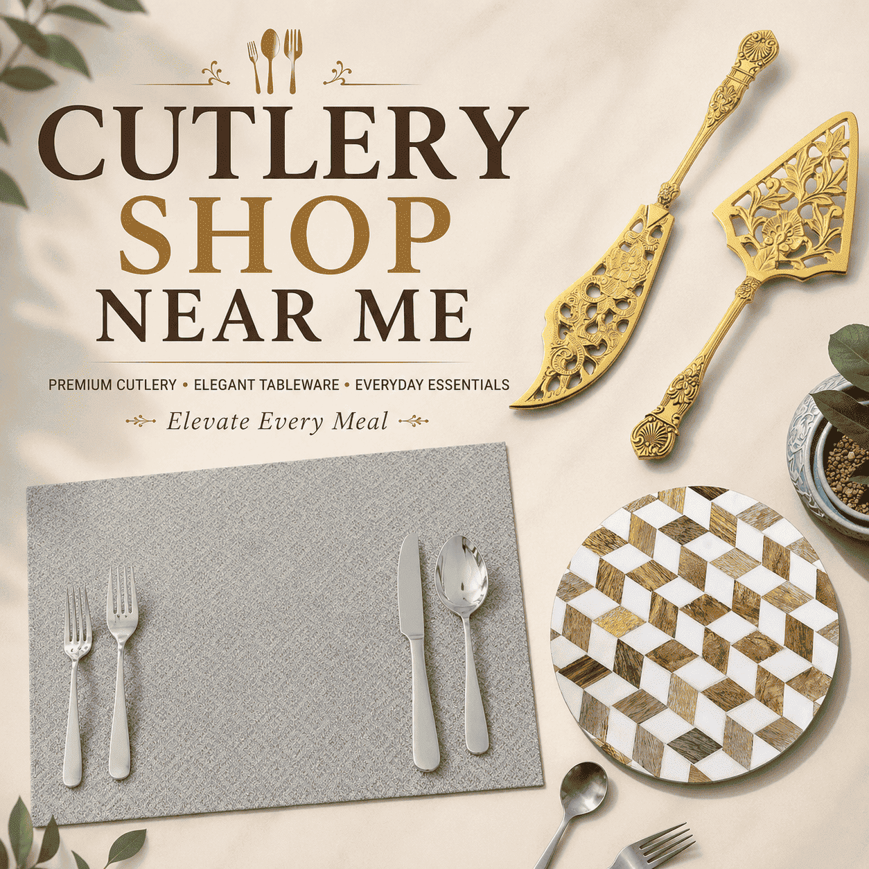 Cutlery Shop Near Me featuring premium gold cake server set, elegant stainless steel cutlery, designer placemat, and decorative serving board at Bhawani Corner Glassware Pvt Ltd, Chennai.