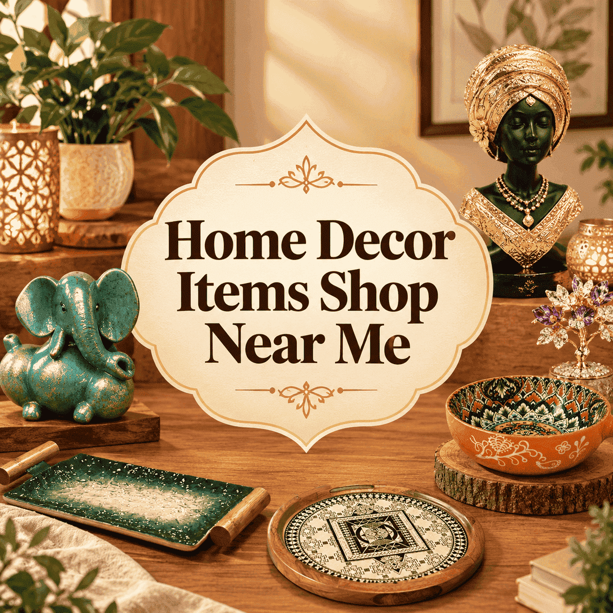 Home decor items shop near me featuring decorative trays, bowls, statues and stylish home accessories