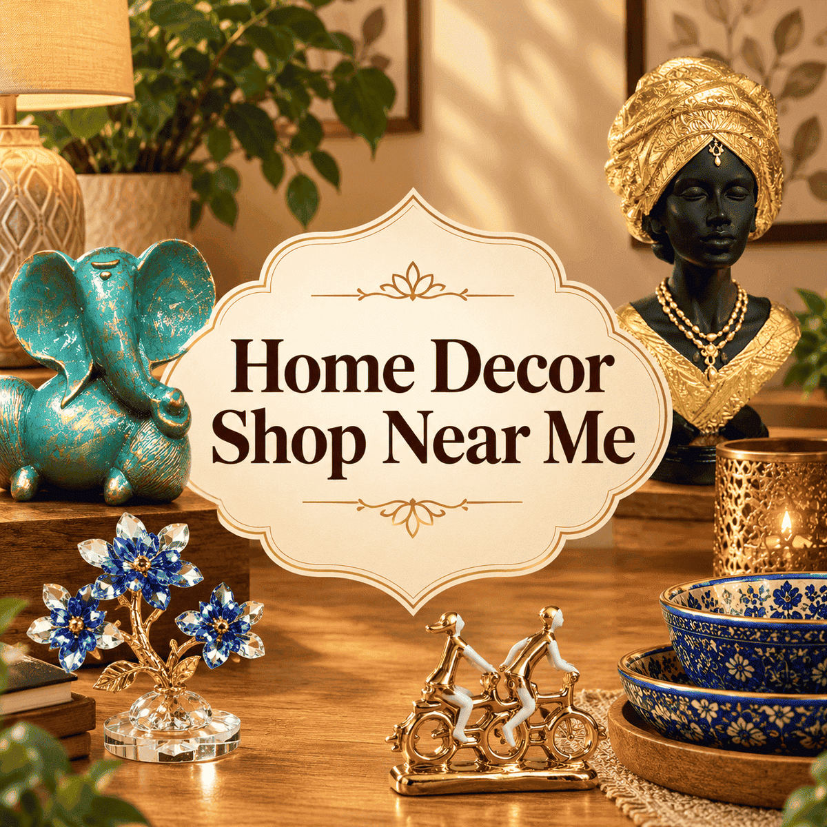 Home decor shop near me featuring elegant decorative figurines, teal Ganesha, gold bust, crystal flowers, ceramic bowls and stylish home accessories.