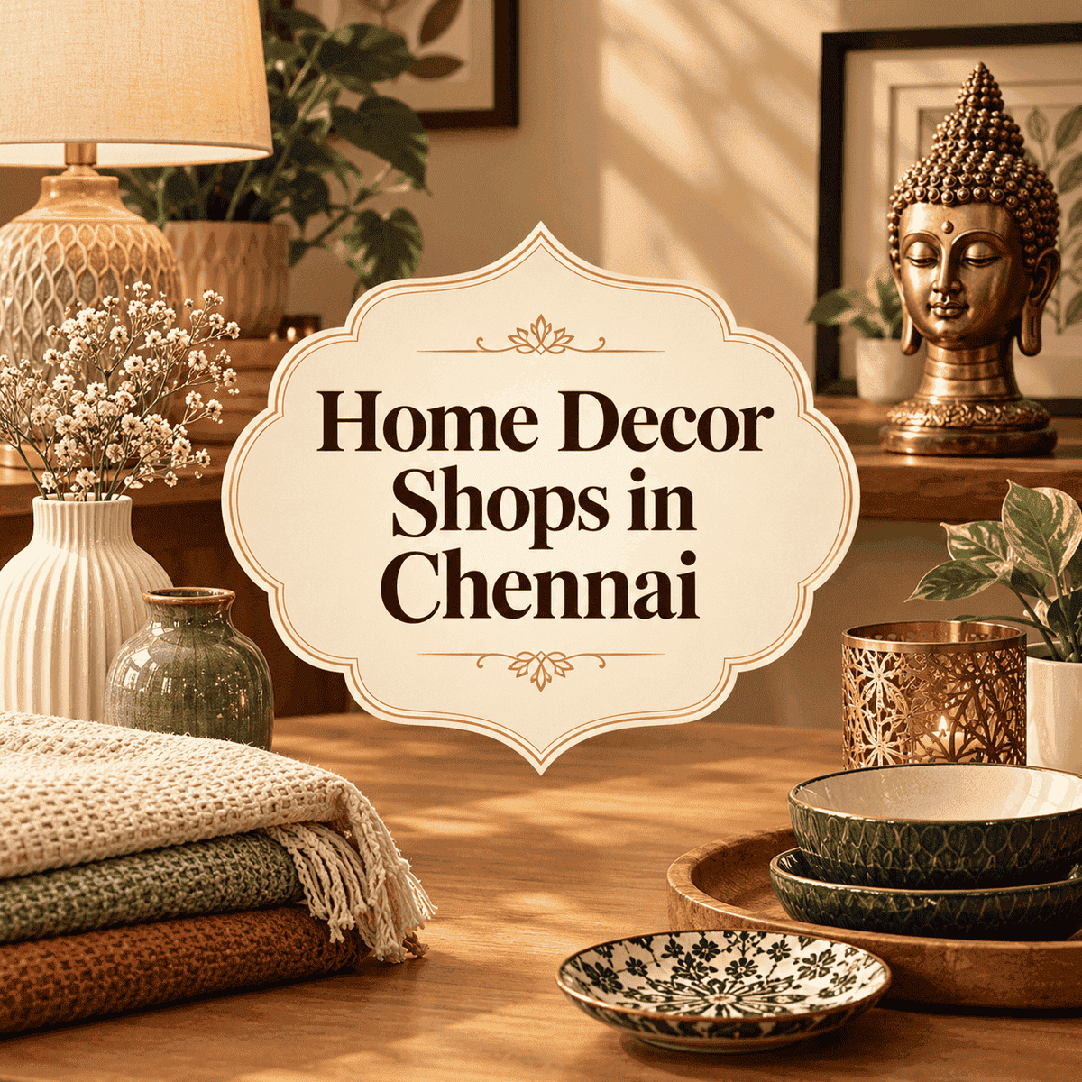 Home Decor Shops in Chennai featuring elegant home decor items, vases, Buddha statue, bowls and decorative accessories in a stylish interior setting.