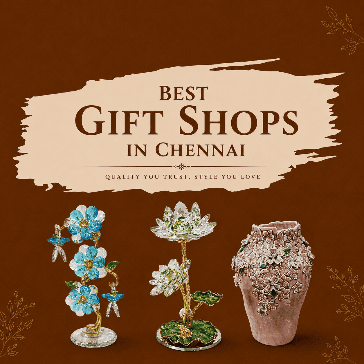 a blue crystal flower ornament with gold stems, a crystal lotus flower sculpture with green accents and gold stems, and a pink ceramic vase covered in raised floral designs. The overall design has a premium, elegant gift-shop advertisement style.