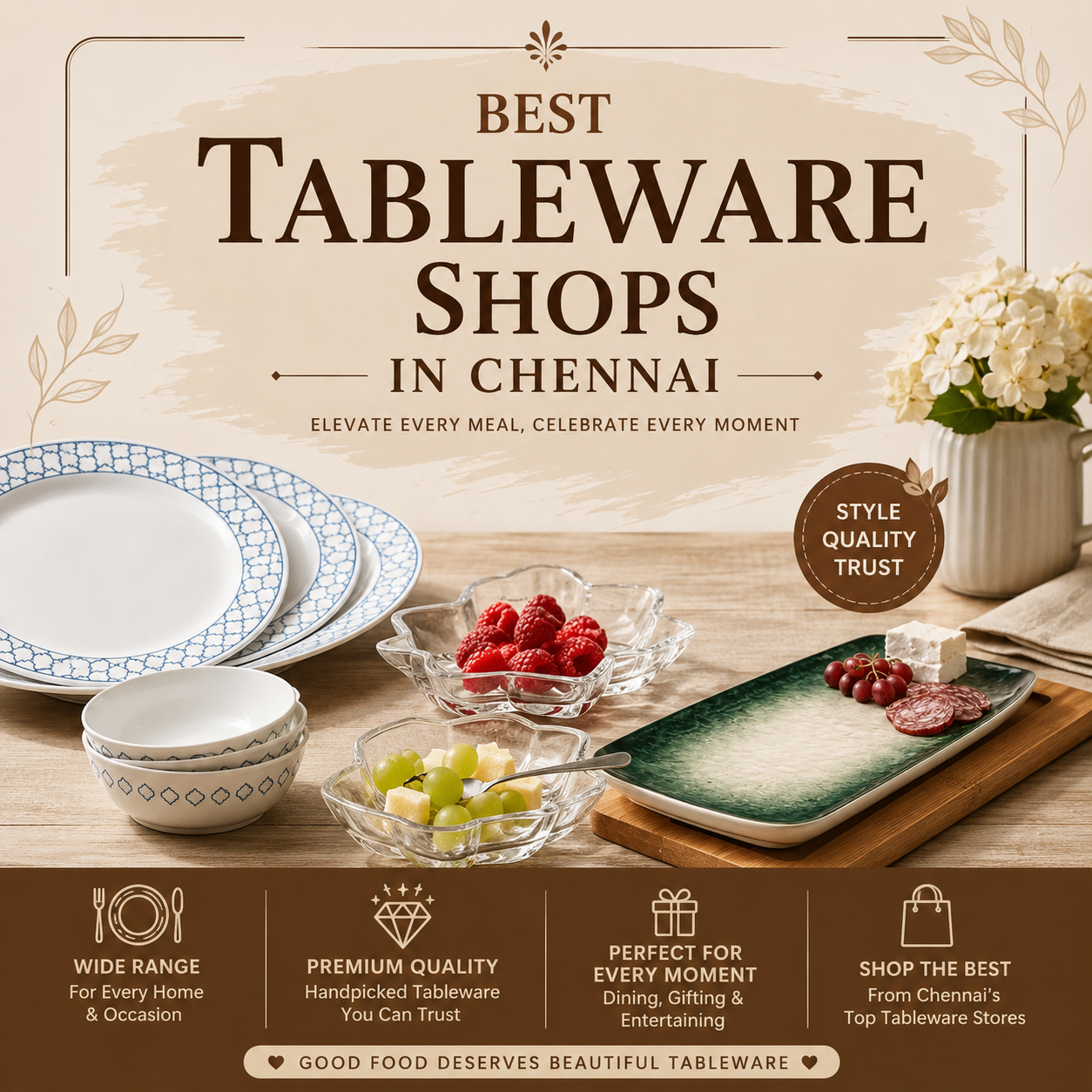Best Tableware Shops in Chennai featuring premium dinnerware sets, ceramic serving platter, glass snack bowls, and elegant dining essentials for homes, gifting, and special occasions.