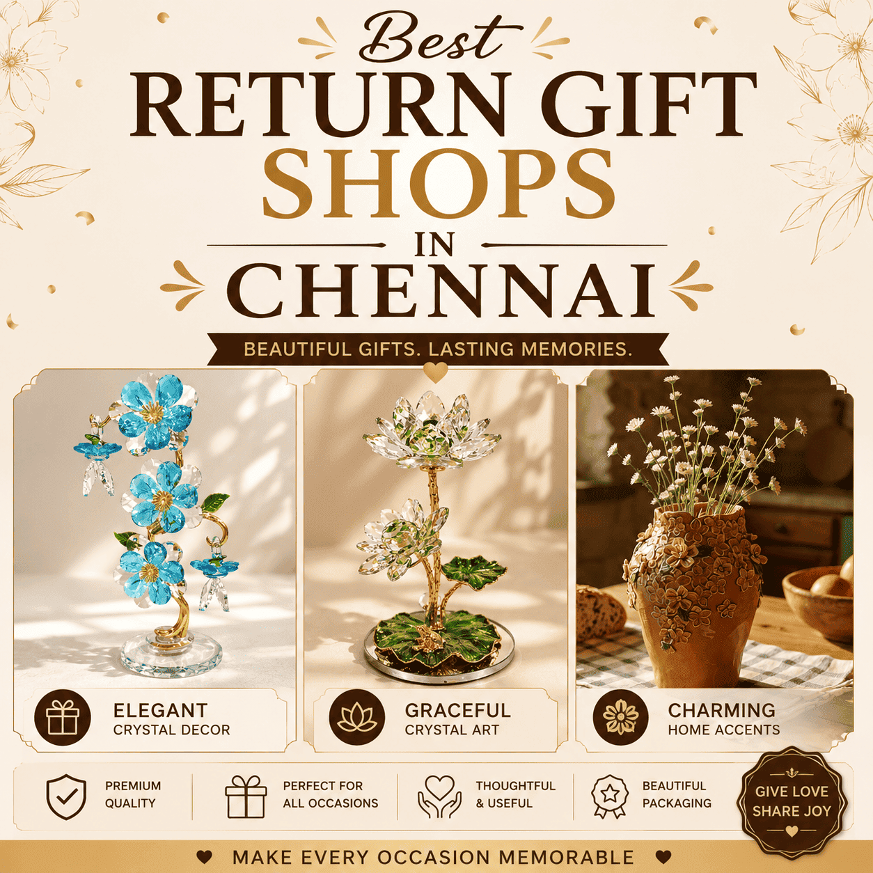 Best Return Gift Shops in Chennai featuring elegant crystal flower décor, crystal lotus sculpture, and embossed ceramic flower vase for weddings, birthdays, housewarming, corporate gifting, and special occasions.