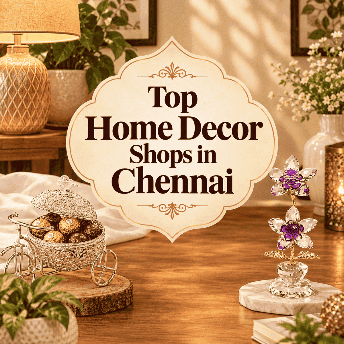 Top home decor shops in Chennai featuring elegant decorative items, crystal floral ornament and luxury home accessories in a warm interior setting.