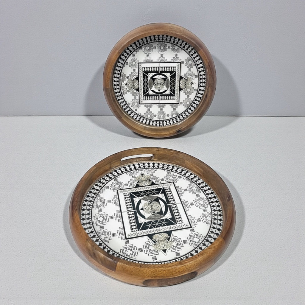 Bhavya Handcrafted Wooden Serving Tray Set with Ceramic Inlay (2 Pcs)