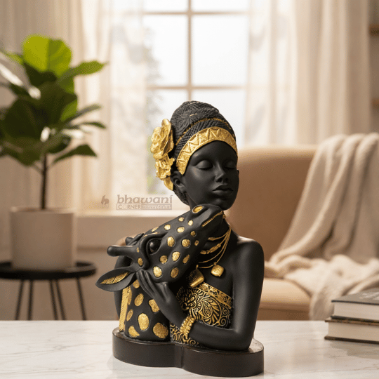 African Elegance Resin Figurine with Giraffe – Black & Gold