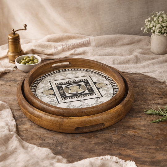 Bhavya Handcrafted Wooden Serving Tray Set with Ceramic Inlay (2 Pcs)