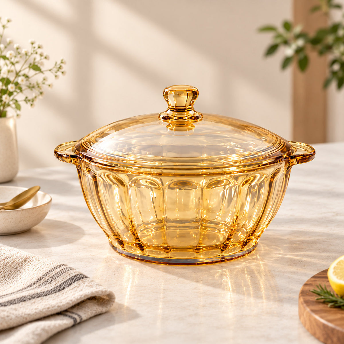 Amber Glass Round Dish with Lid