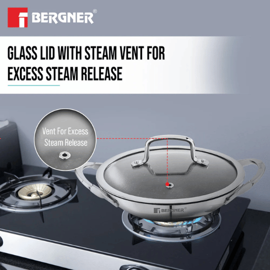 Bergner Argent Samsara TriPly Stainless Steel Appachetty with Glass Lid – 21cm