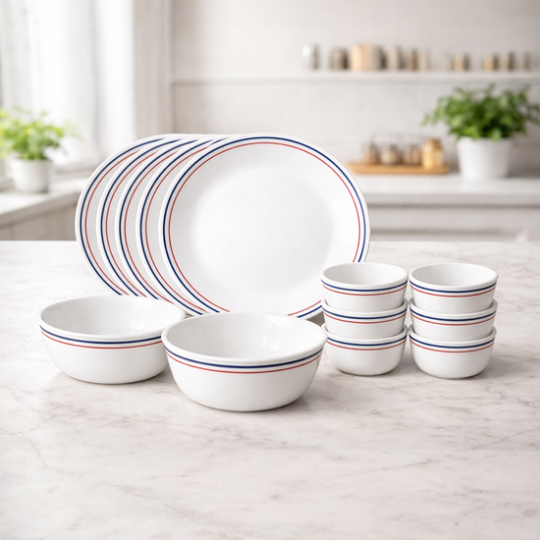 Corelle Double Ring Red & Blue 14 Piece Dinner Set