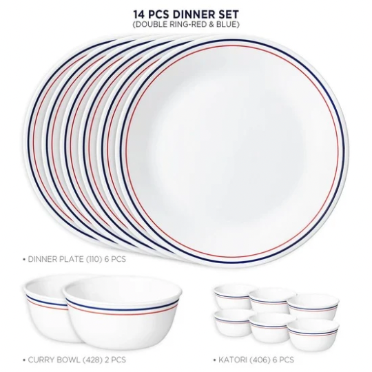 Corelle Double Ring Red & Blue 14 Piece Dinner Set