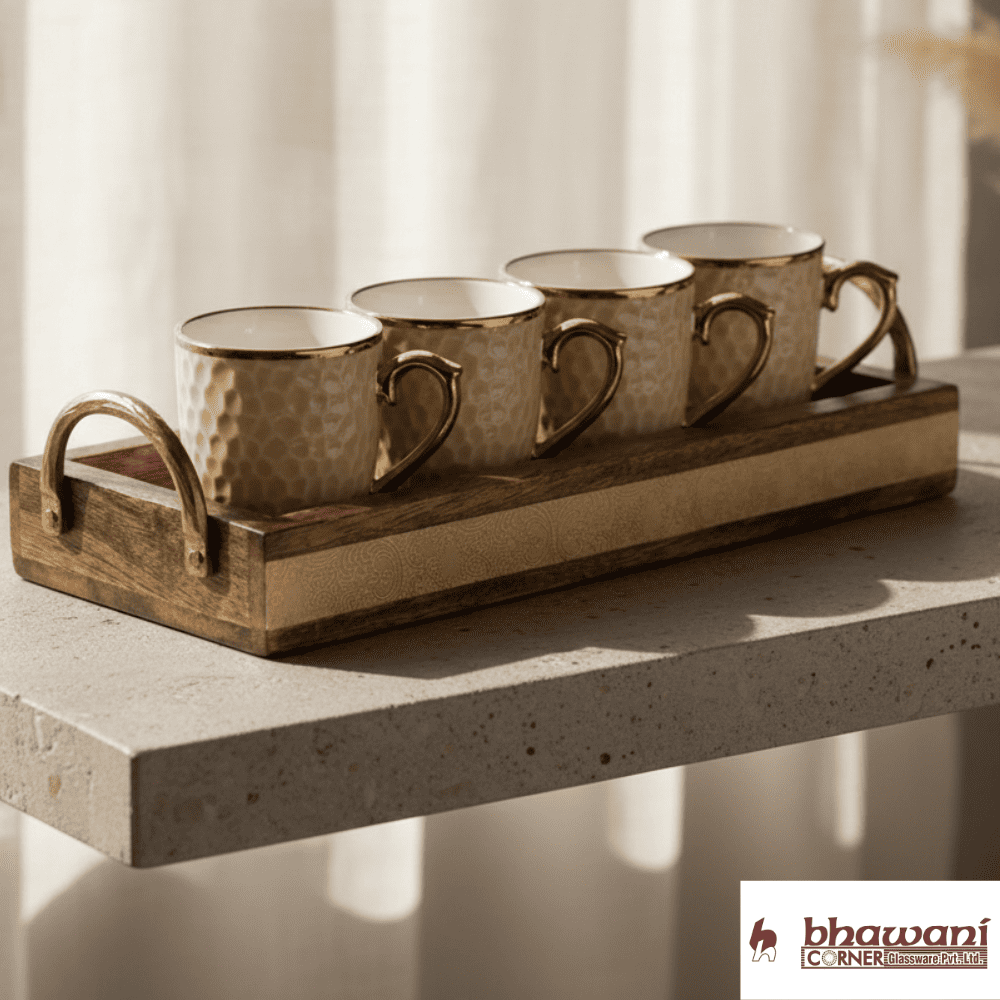 THE MIDAS TOUCH – MANGO WOOD TRAY WITH GOLD MUG SET