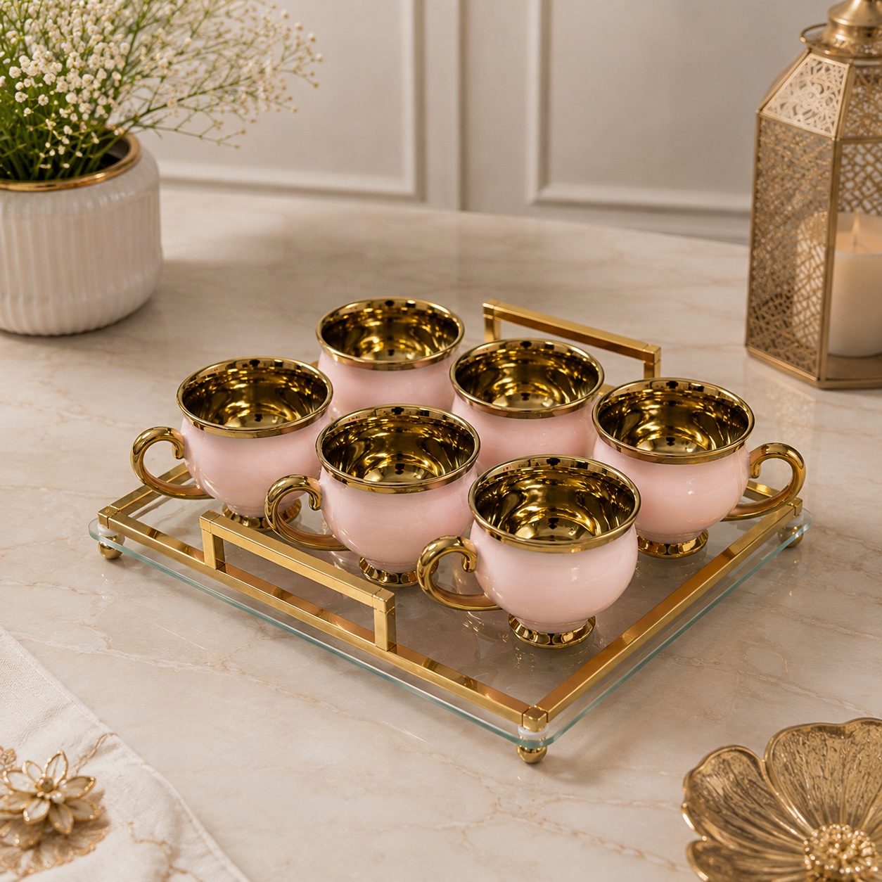 All Sorted Royal Six-Piece Tea Cup Set with Square Glass Tray