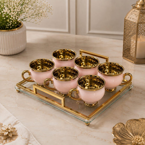 All Sorted Royal Six-Piece Tea Cup Set with Square Glass Tray