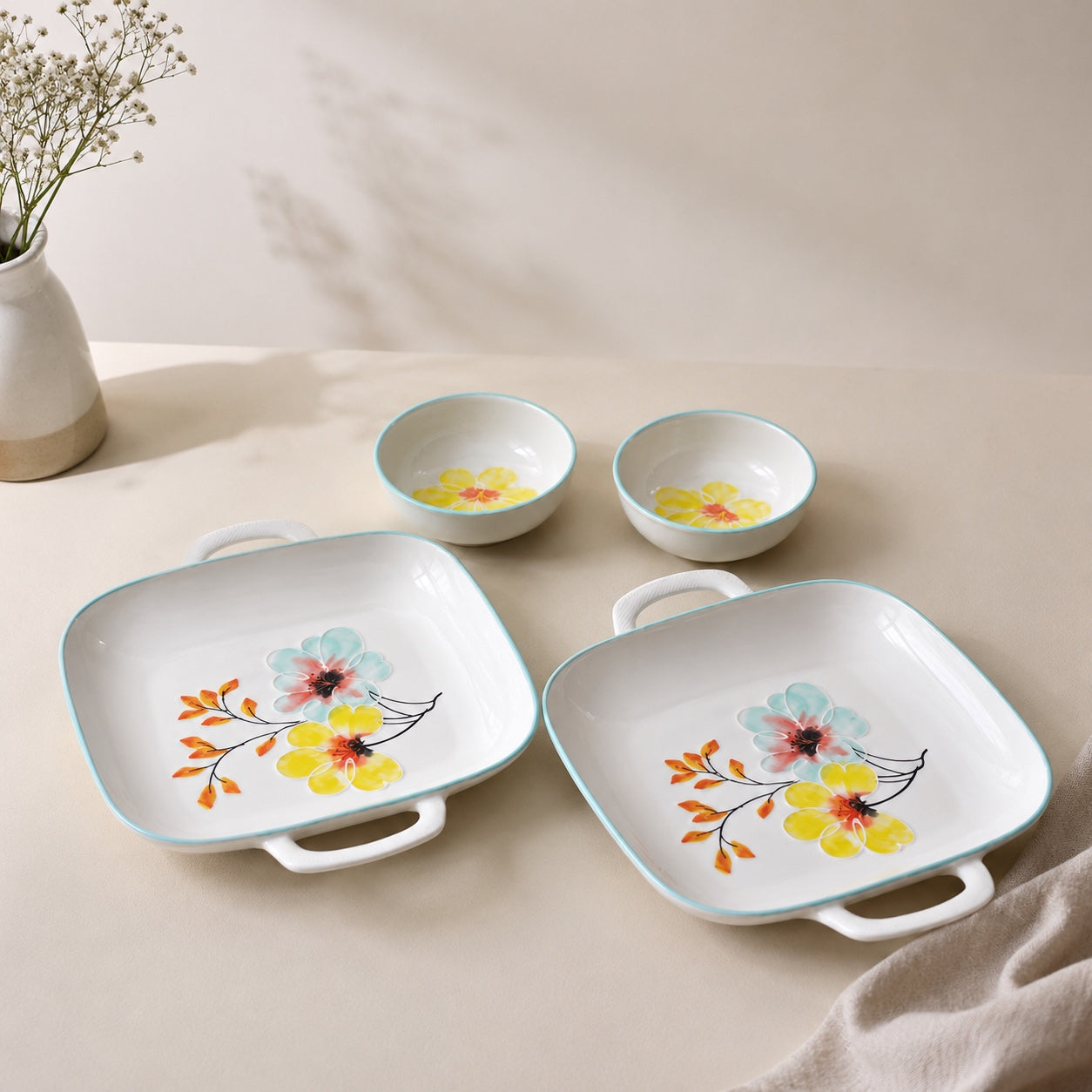 Bhavya Ceramic Floral Snacking Set - 4 Pieces
