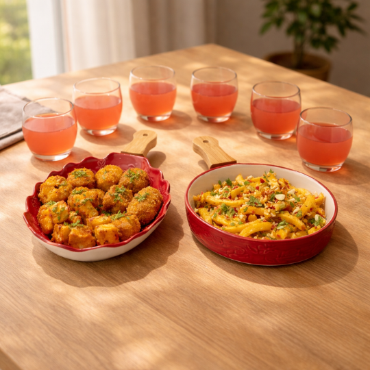 Two red ceramic dishes with food on a wooden table, accompanied by six small glasses of pink liquid.