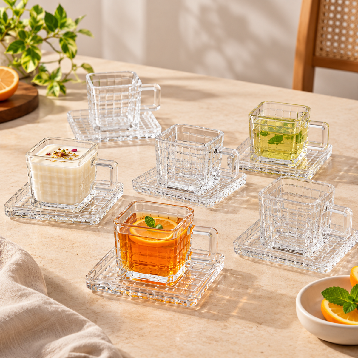 Glass Bricked 12 Pieces Cup and Saucer Set