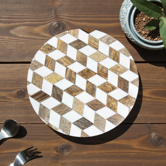 Bhavya Wooden & Resin Geometric Coaster – 20 cm