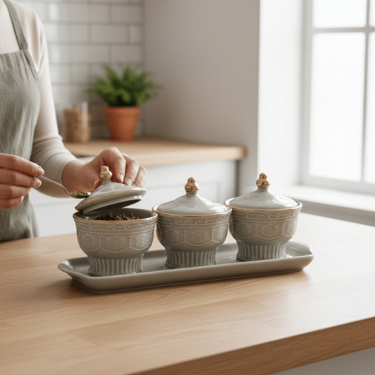 Ceramic Condiment Jar Set with Tray
