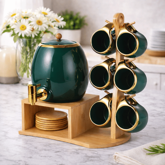 Bhavya Green & Gold Ceramic Tea Dispenser Set with Cups & Wooden Stand