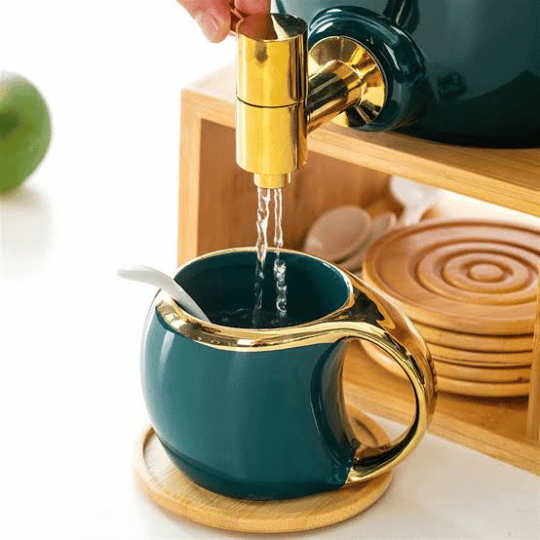 Bhavya Green & Gold Ceramic Tea Dispenser Set with Cups & Wooden Stand